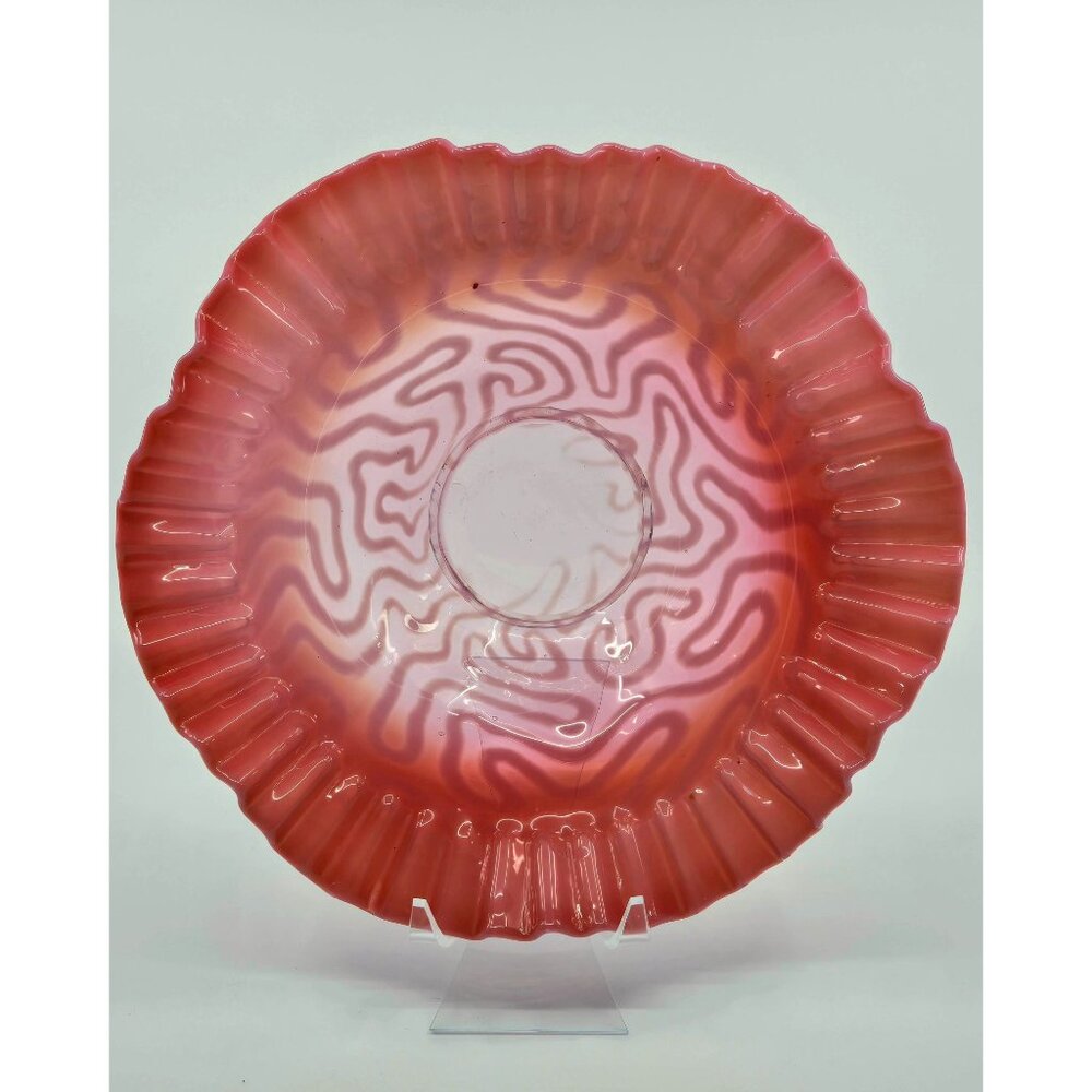 Vintage Fenton Cranberry Opalescent Glass Bowl With Ruffled Edge & Swirl Pattern